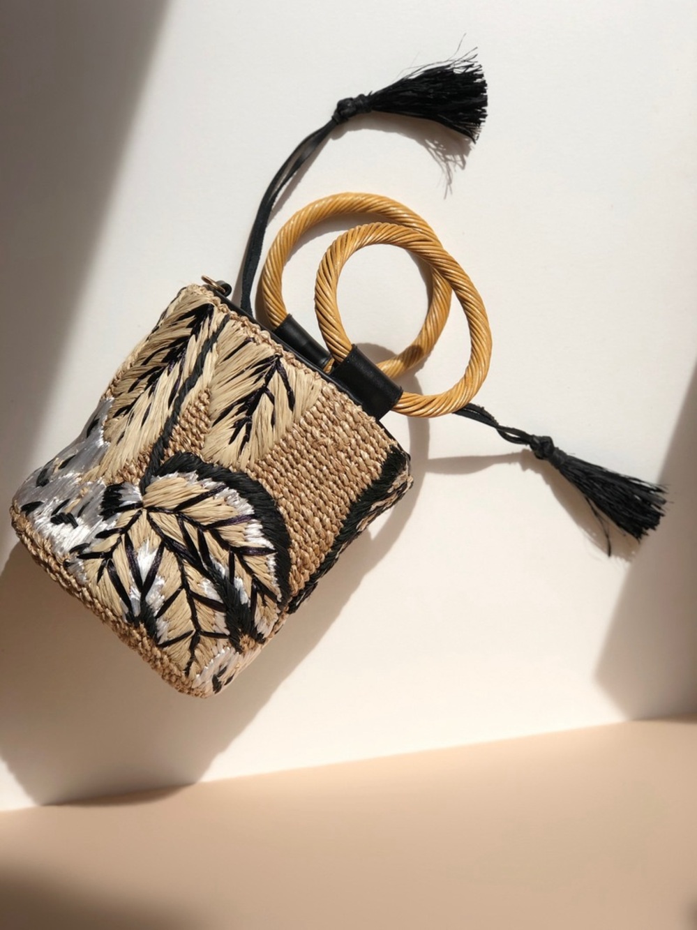 NWT Aranaz Cecilia Black Woven Abaca Bucket Bag